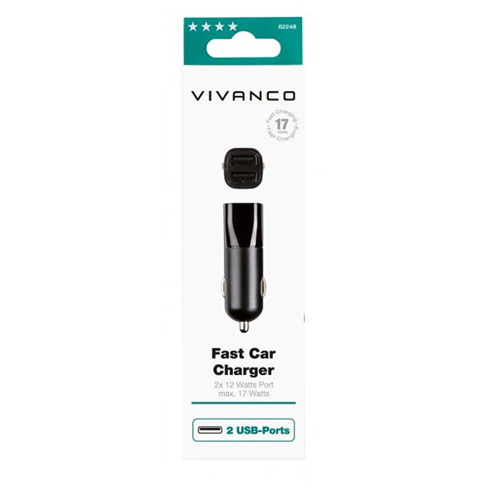 Vivanco Billaddare Fast Car Charger 2xUSB-A 17W Svart