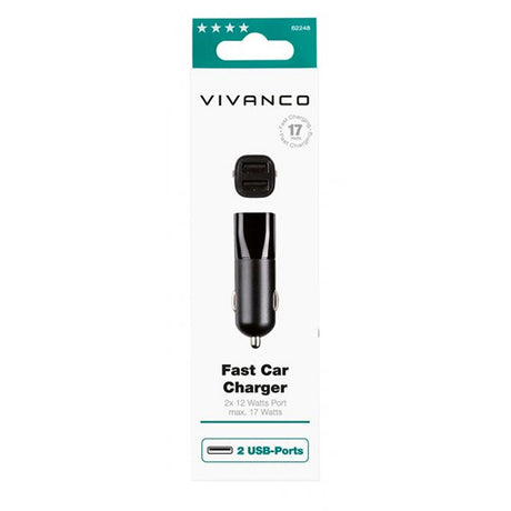 Vivanco Billaddare Fast Car Charger 2xUSB-A 17W Svart
