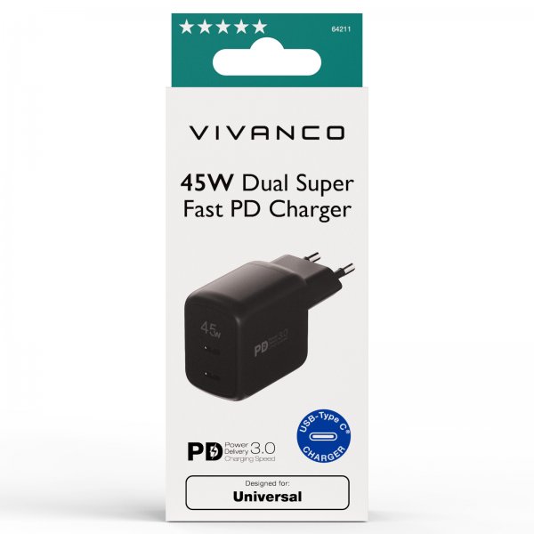 Vivanco Laddare 45W Dual Super Fast PD Charger Svart