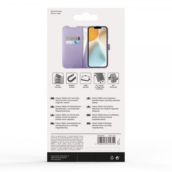 Vivanco iPhone 16e/17e Fodral Classic Wallet Lavendel