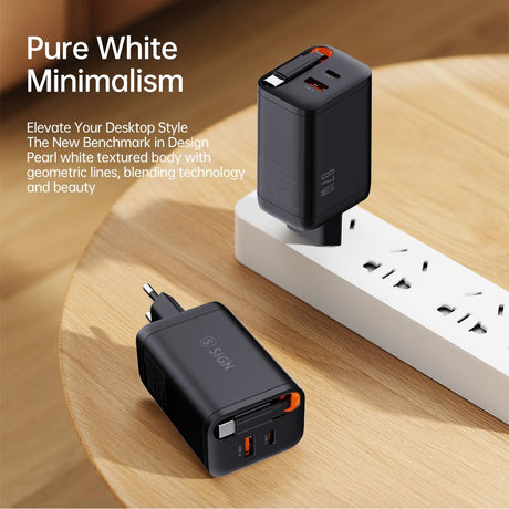 SiGN 65W Snabbladdare GaN med utdragbar USB-C kabel Svart