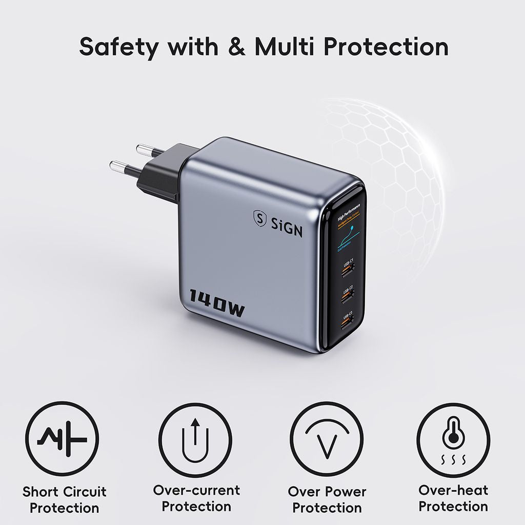 SiGN 140W Snabbladdare med Display 3xUSB-C/1xUSB-A Grå