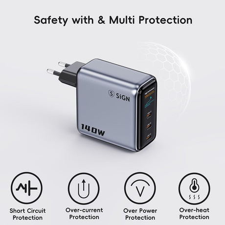 SiGN 140W Snabbladdare med Display 3xUSB-C/1xUSB-A Grå