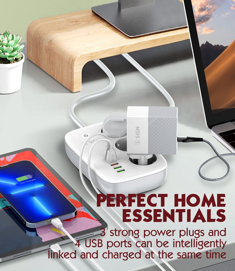 SiGN Smart WiFi 3-vägs Grenuttag 30W USB-A/USB-C 1.5m