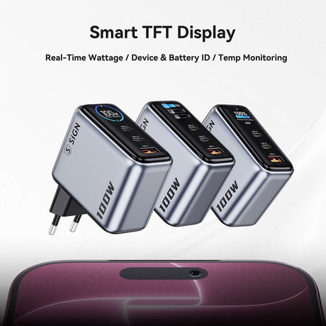 SiGN 100W Snabbladdare med Display 2xUSB-C/1xUSB-A Grå