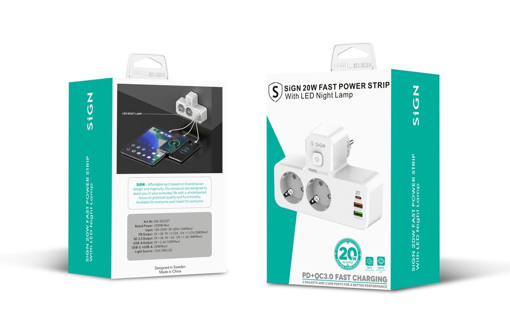 SiGN 2-vägs Grenuttag med LED-nattlampa 20W USB-A/USB-C