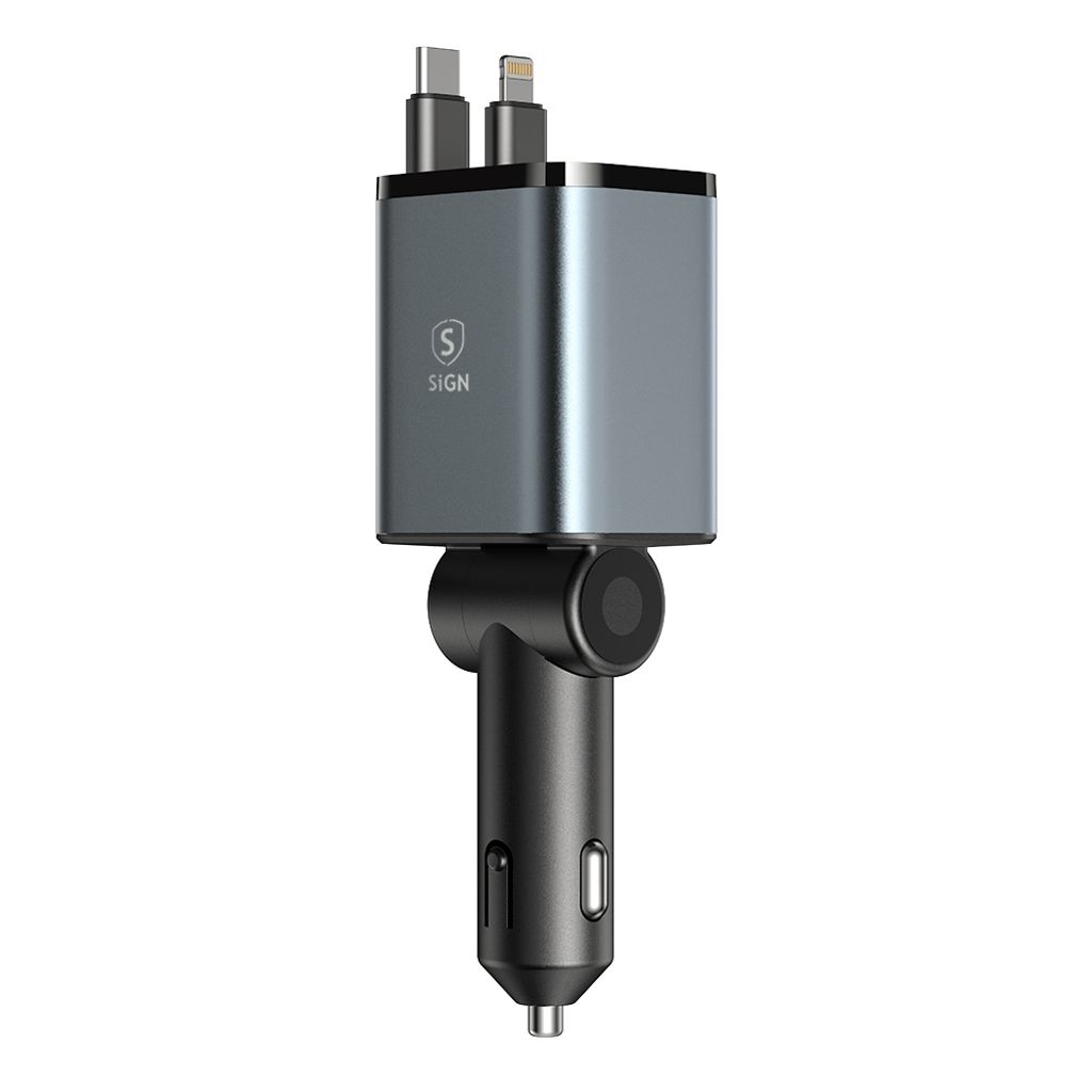 SiGN 4-i-1 Billaddare med utdragbara USB-C/Lightning-kablar 45W