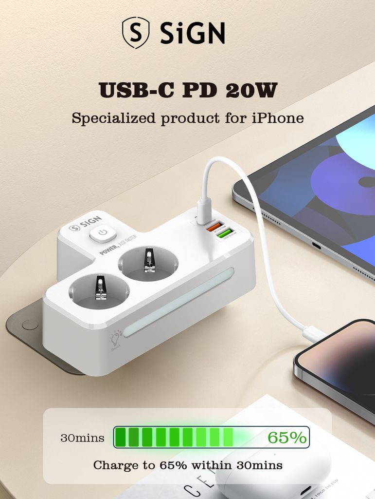 SiGN 2-vägs Grenuttag med LED-nattlampa 20W USB-A/USB-C