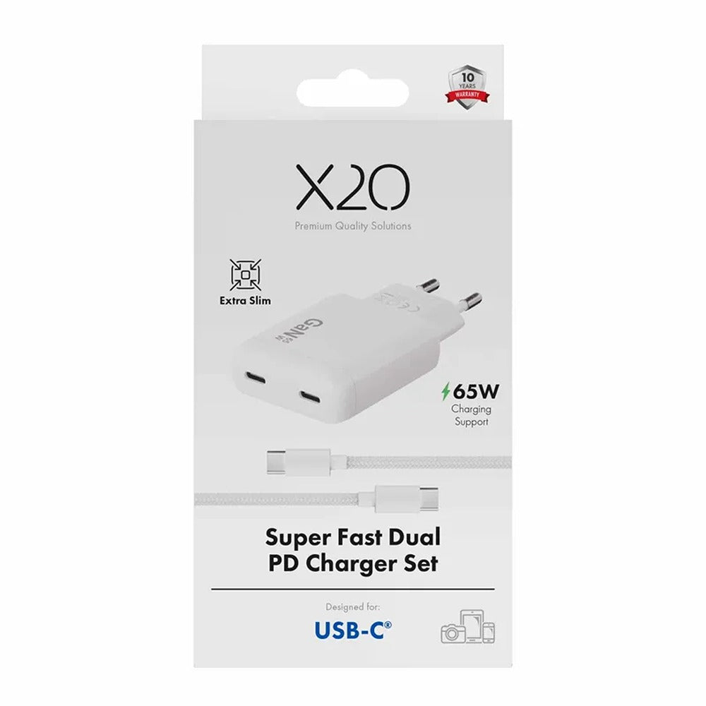 X2O 65W Dual Slim Hemmaladdarset USB-C/C GaN 1.5m Vit