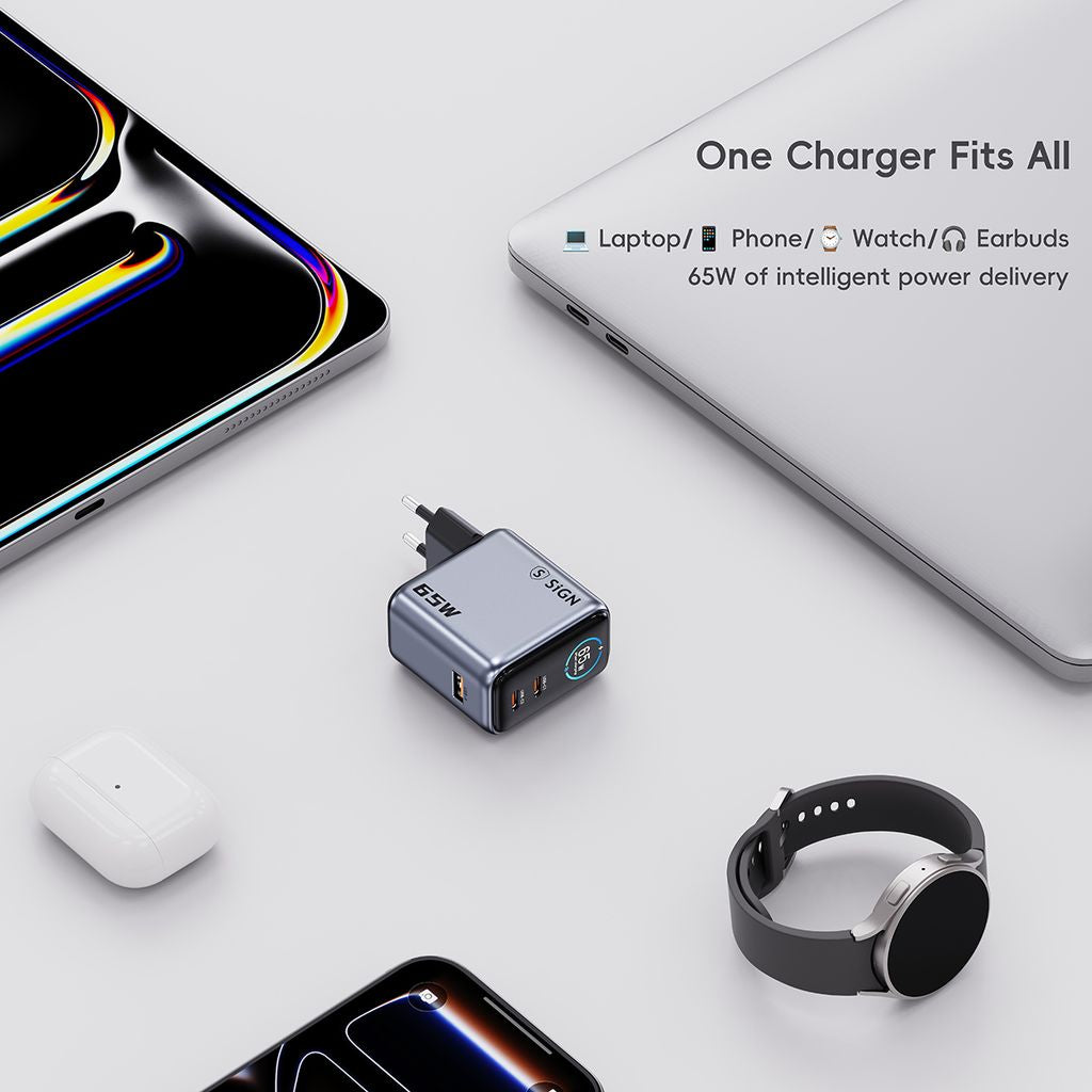 SiGN 65W Väggladdare med Display 2xUSB-C/1x USB-A Grå