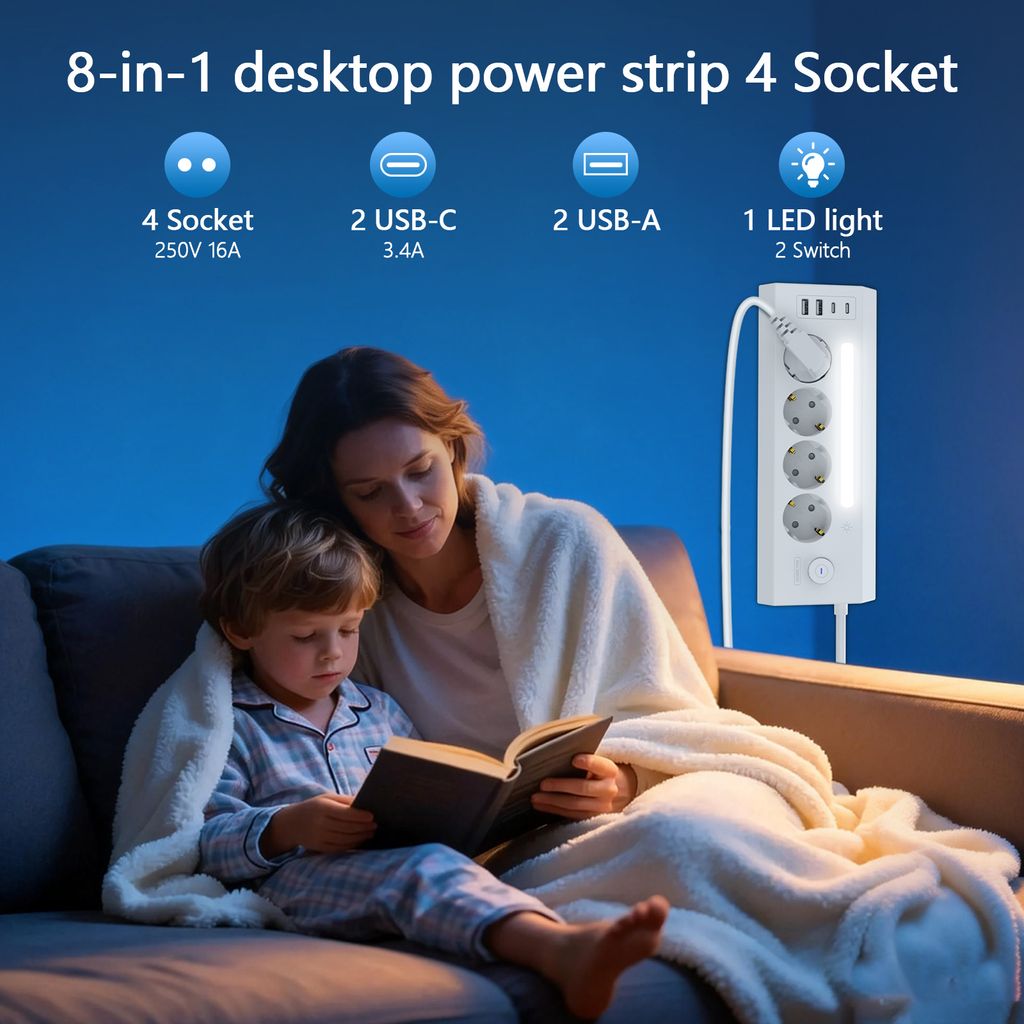 SiGN 4-vägs Grenuttag för bord USB-A/USB-C 1.8m
