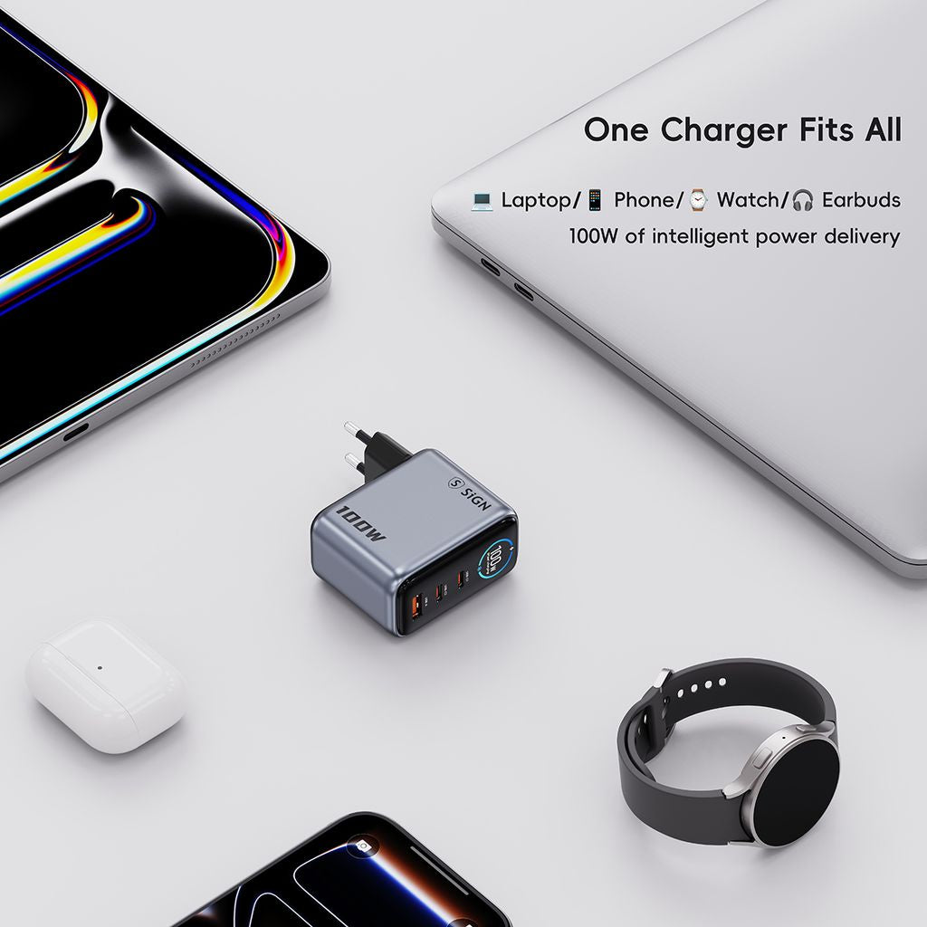 SiGN 100W Snabbladdare med Display 2xUSB-C/1xUSB-A Grå