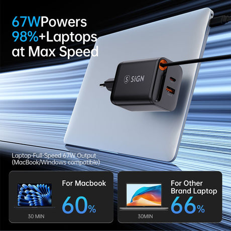 SiGN 65W Snabbladdare GaN med utdragbar USB-C kabel Svart