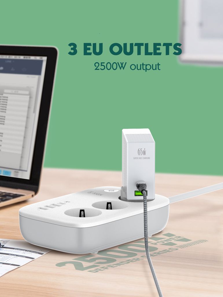 SiGN Smart WiFi 3-vägs Grenuttag 30W USB-A/USB-C 1.5m