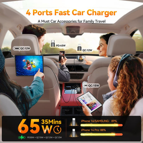 SiGN 4-i-1 Billaddare med utdragbara USB-C/Lightning-kablar 45W