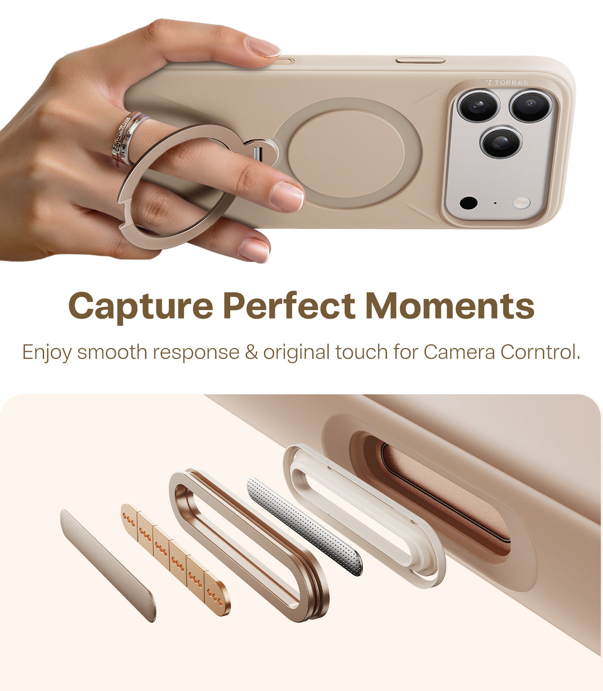 Torras iPhone 17 Pro Max Skal Ostand Q3 Silicone Desert Gold