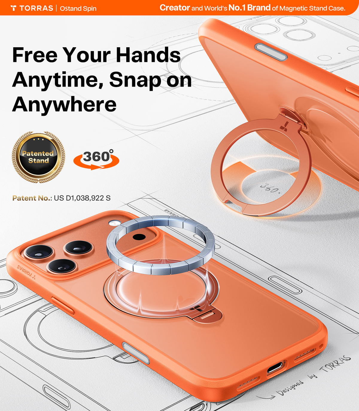 Torras iPhone 17 Pro Skal Ostand Q3 Spin Energy Orange