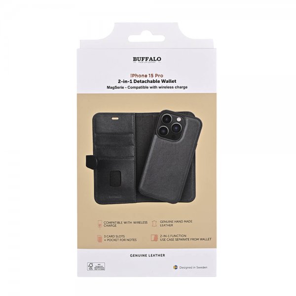 Buffalo iPhone 15 Pro Fodral 3 Kortfack Löstagbart Skal MagSeries Svart