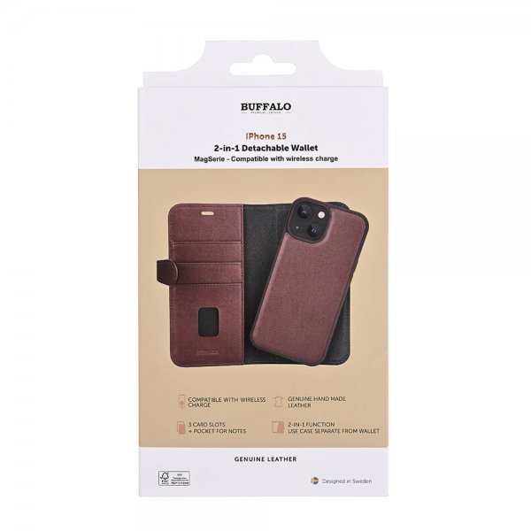 Buffalo iPhone 15 Fodral 3 Kortfack Löstagbart Skal MagSeries Brun