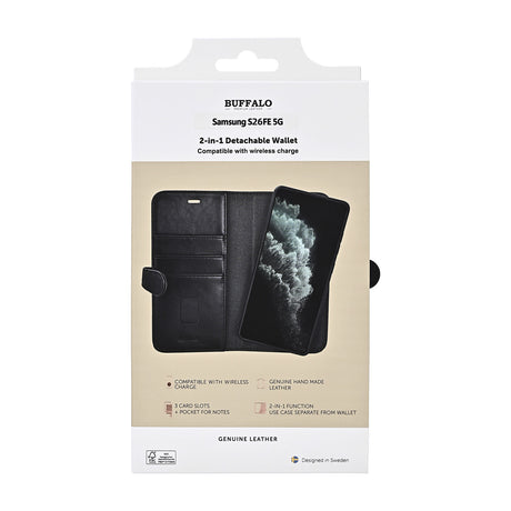 Buffalo Samsung Galaxy S26 FE Fodral 2-i-1 Äkta Läder 3 Kortfack Svart