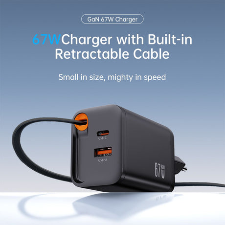 SiGN 65W Snabbladdare GaN med utdragbar USB-C kabel Svart