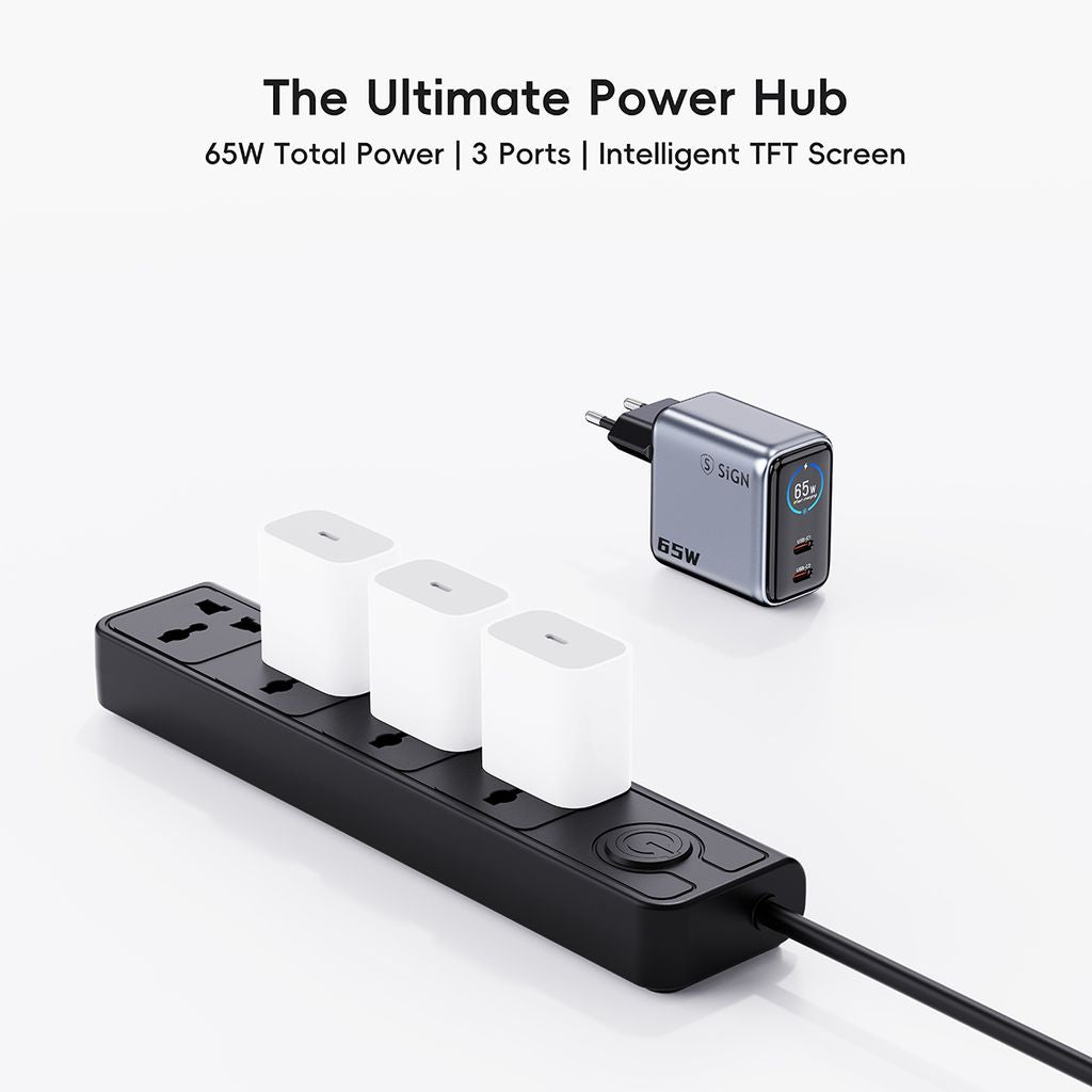 SiGN 65W Väggladdare med Display 2xUSB-C/1x USB-A Grå