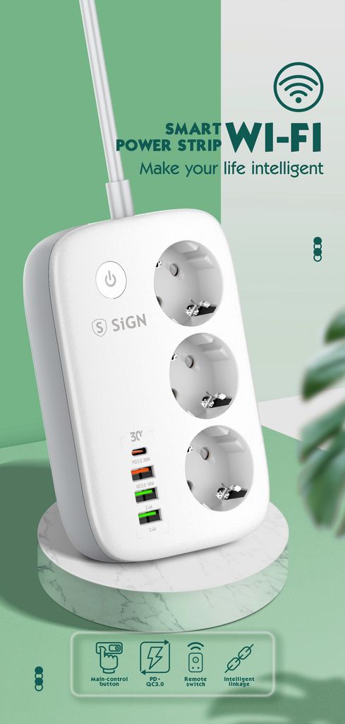 SiGN Smart WiFi 3-vägs Grenuttag 30W USB-A/USB-C 1.5m