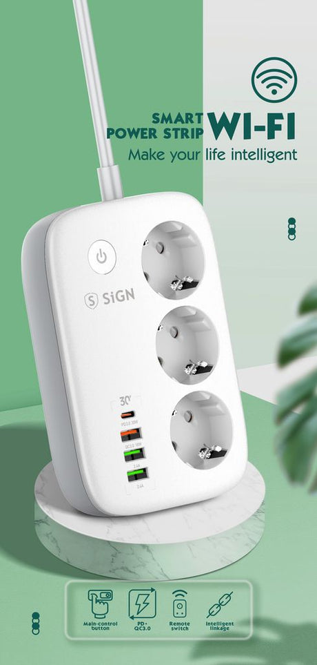 SiGN Smart WiFi 3-vägs Grenuttag 30W USB-A/USB-C 1.5m
