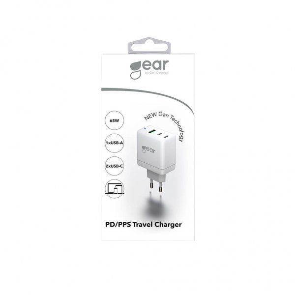 Gear Laddare GAN 2xUSB-C + 1xUSB-A PD/PPS 65W Vit