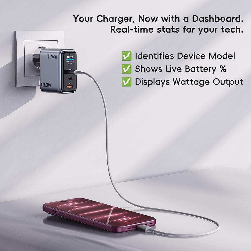 SiGN 100W Snabbladdare med Display 2xUSB-C/1xUSB-A Grå