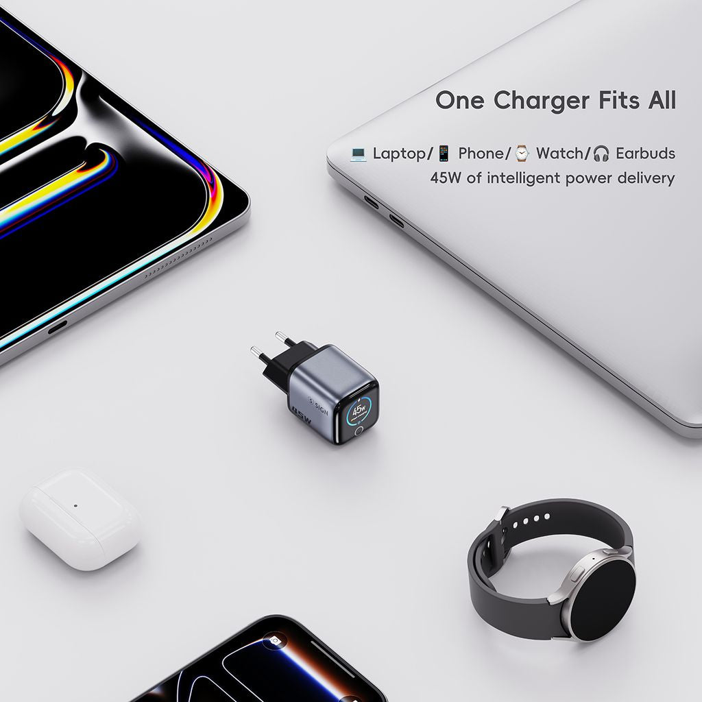 SiGN 45W Väggladdare med Display 2xUSB-C Grå