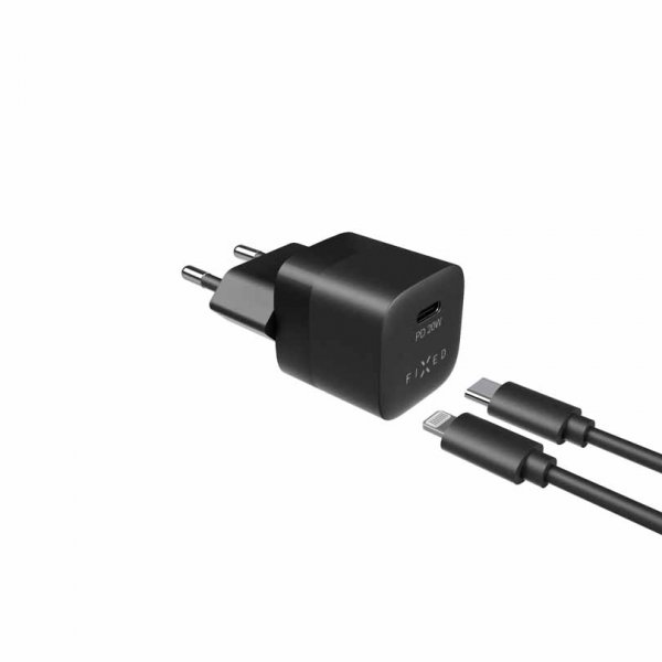 Fixed Laddare med Kabel Mini PD Travel Charger Kit USB-C/Lightning 20W Svart