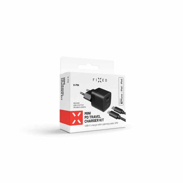 Fixed Laddare med Kabel Mini PD Travel Charger Kit USB-C/Lightning 20W Svart