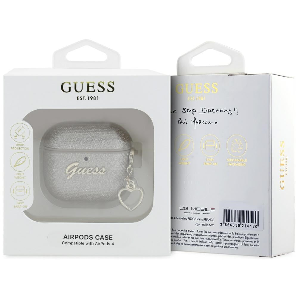 Guess AirPods 4 Skal Metallic Script Charm Guld