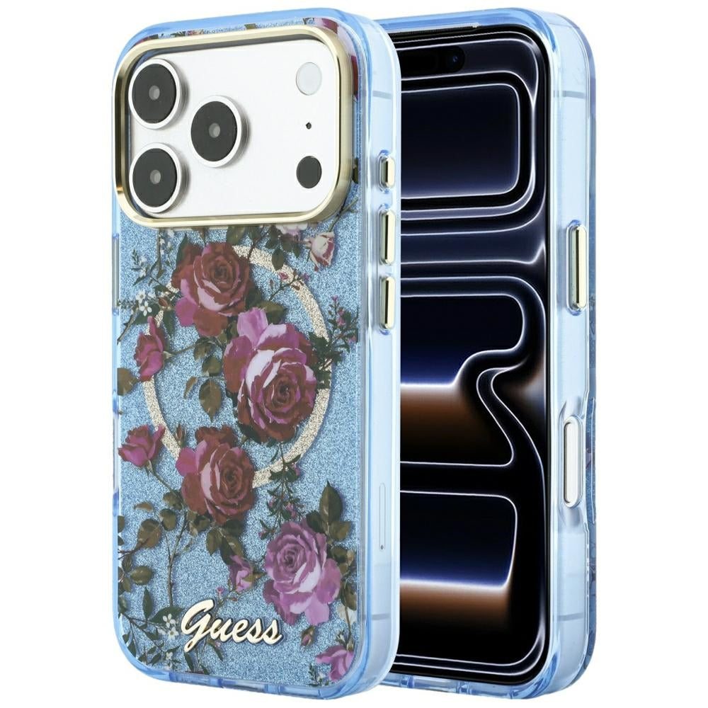 Guess iPhone 17 Pro Max/iPhone 18 Pro Max Skal Glitter Blossom Roses Blå