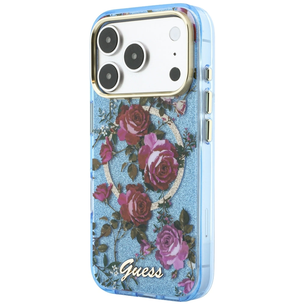 Guess iPhone 17 Pro Max/iPhone 18 Pro Max Skal Glitter Blossom Roses Blå
