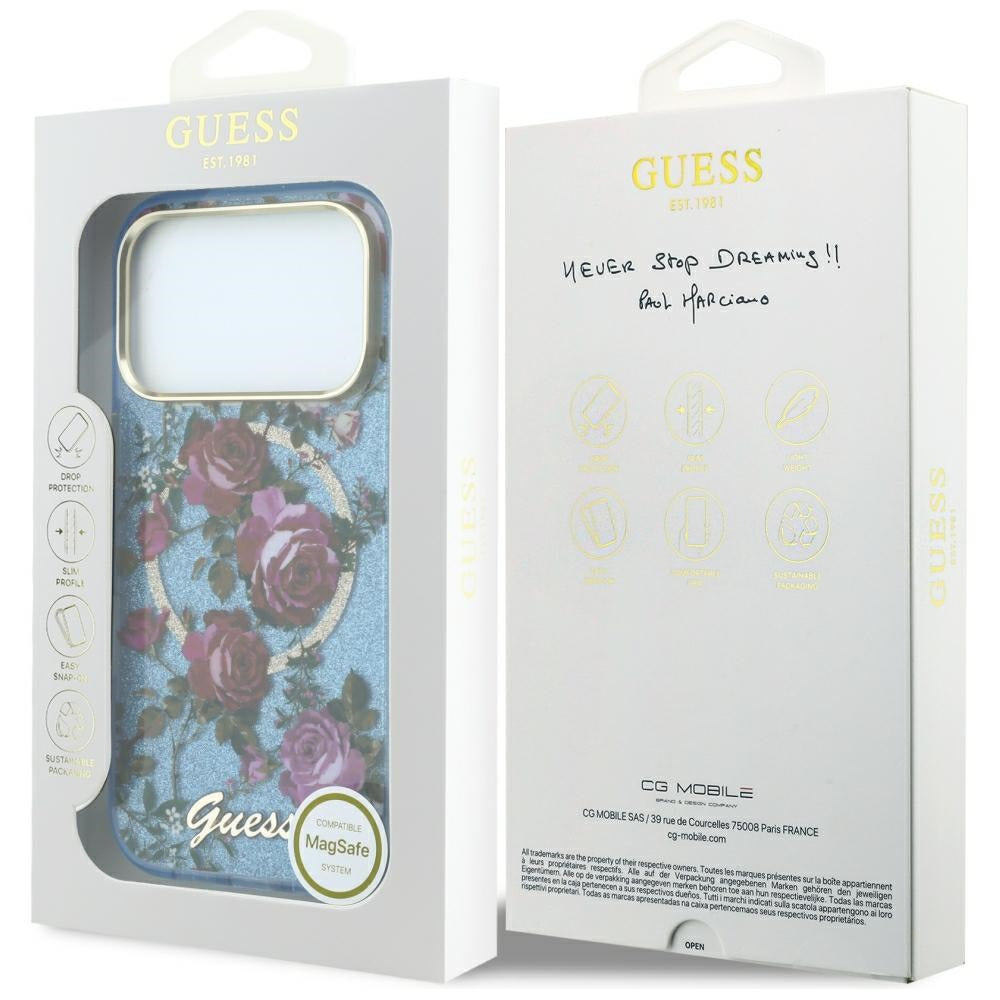 Guess iPhone 17 Pro/iPhone 18 Pro Skal Glitter Blossom Roses Blå