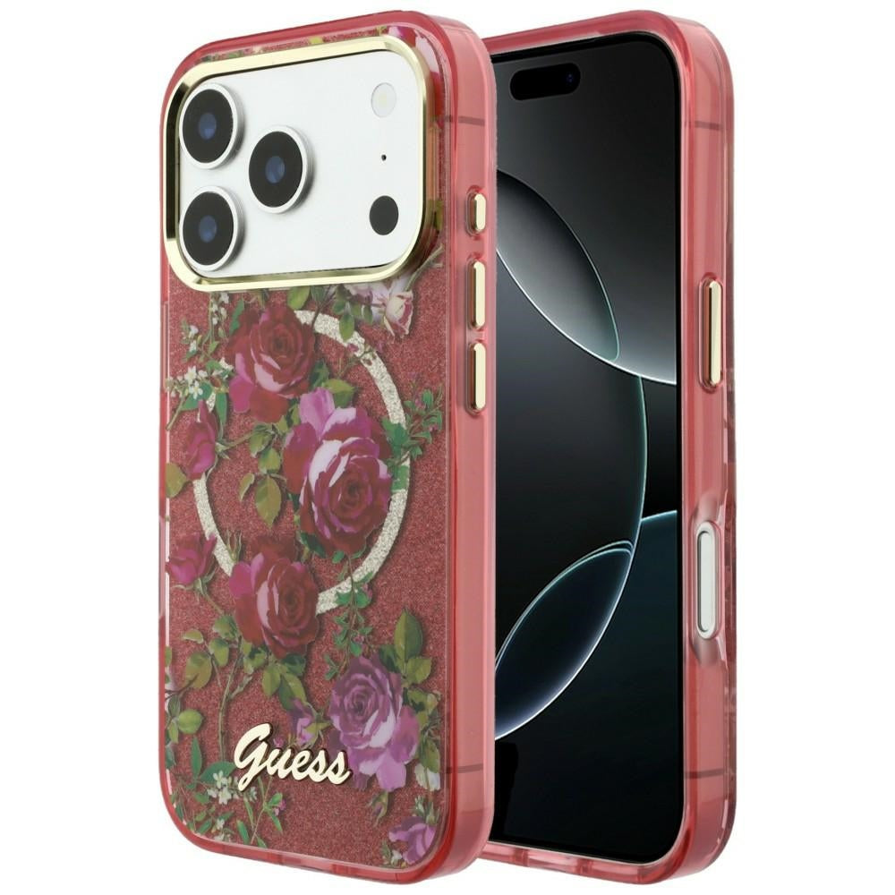 Guess iPhone 17 Pro Max/iPhone 18 Pro Max Skal Glitter Blossom Roses Burgundy