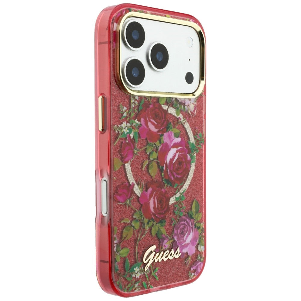 Guess iPhone 17 Pro Max/iPhone 18 Pro Max Skal Glitter Blossom Roses Burgundy