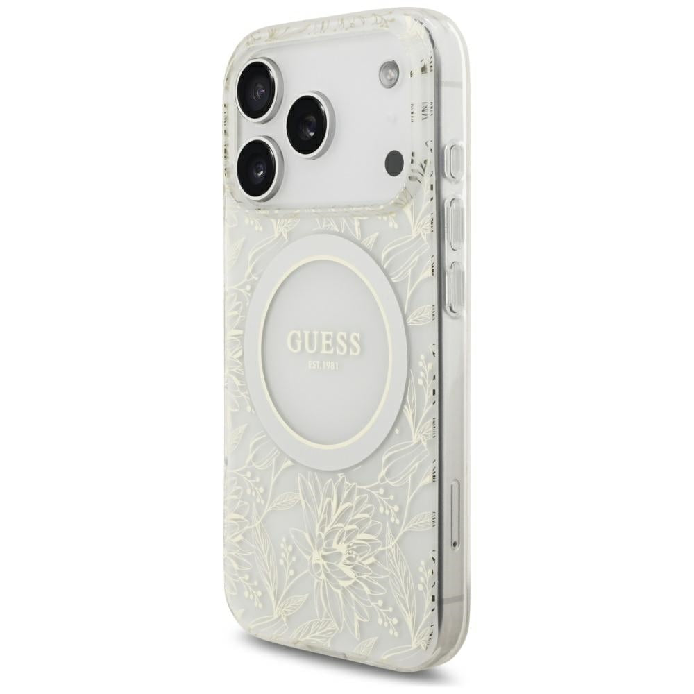 Guess iPhone 17 Pro/iPhone 18 Pro Skal Electroplated Flowers Pearl Strap Vit