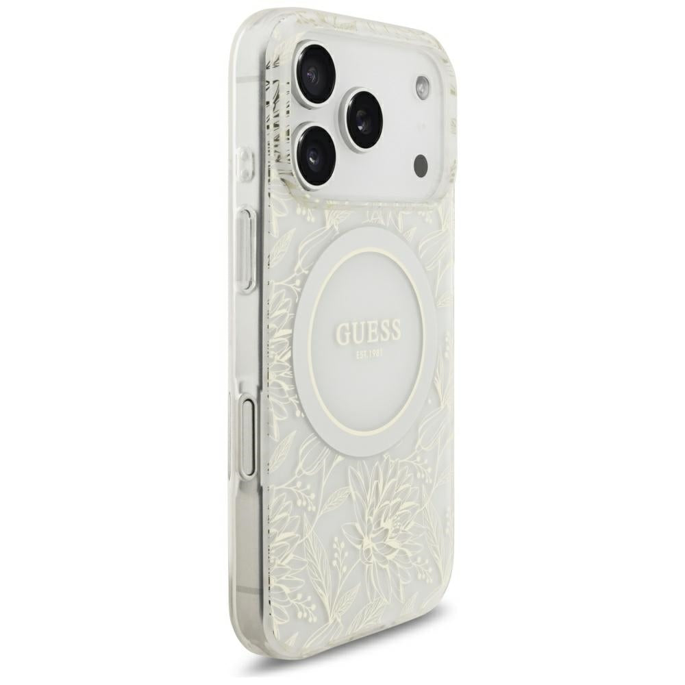 Guess iPhone 17 Pro/iPhone 18 Pro Skal Electroplated Flowers Pearl Strap Vit