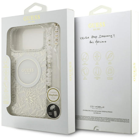 Guess iPhone 17 Pro Max/iPhone 18 Pro Max Skal Electroplated Flowers Pearl Strap Vit