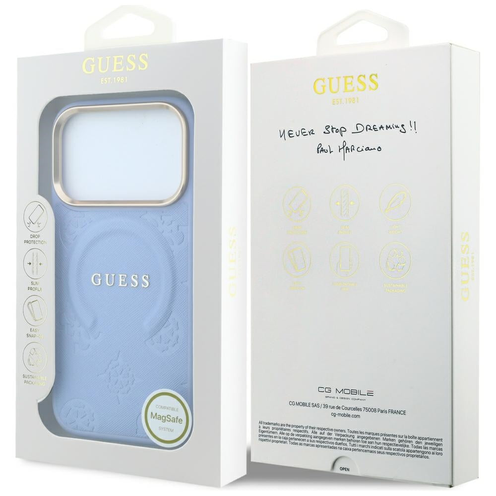 Guess iPhone 17 Pro/iPhone 18 Pro Skal Saffiano Peony Embossed MagSafe Blå
