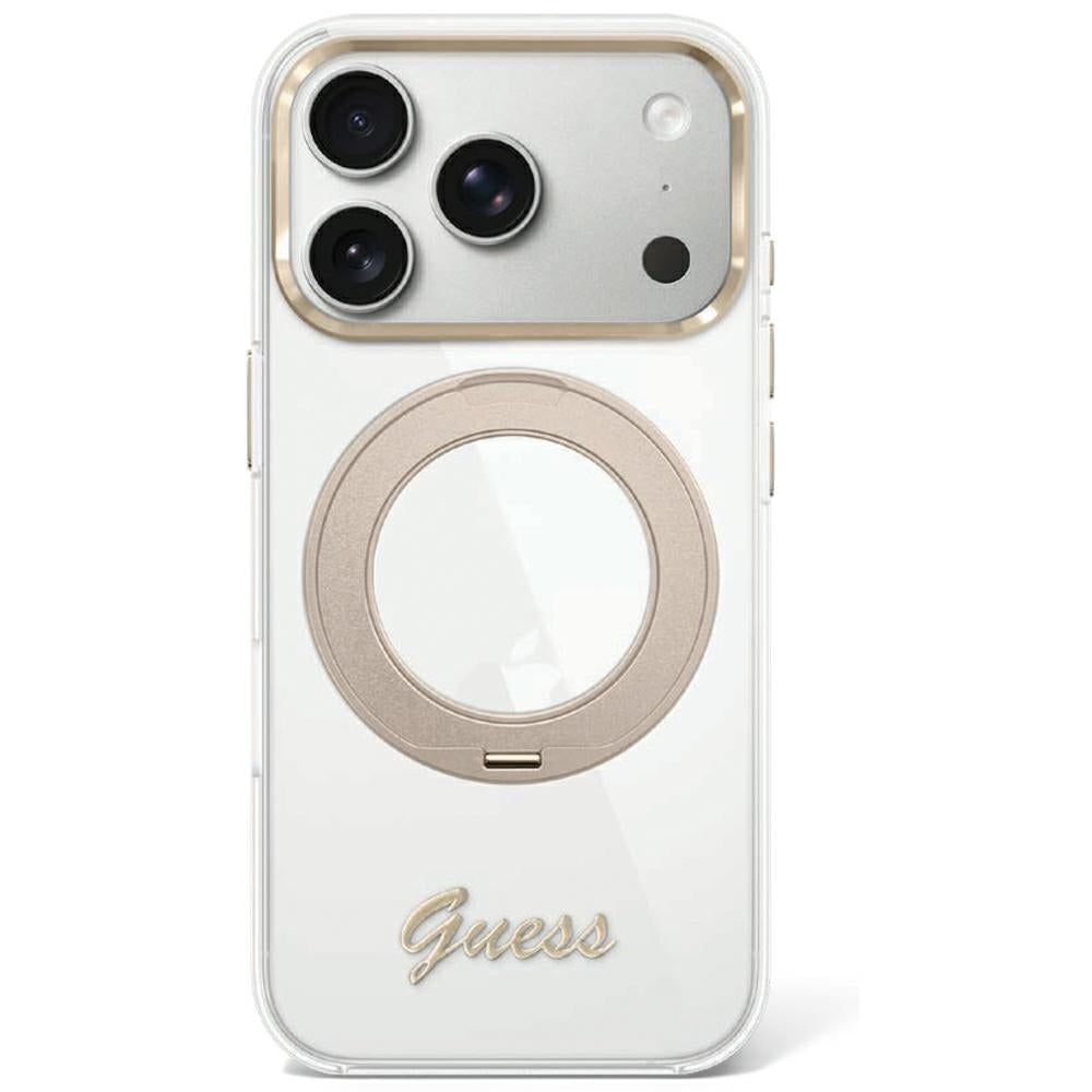 Guess iPhone 17 Pro Max/iPhone 18 Pro Max Skal Ring Stand Script Logo Guld