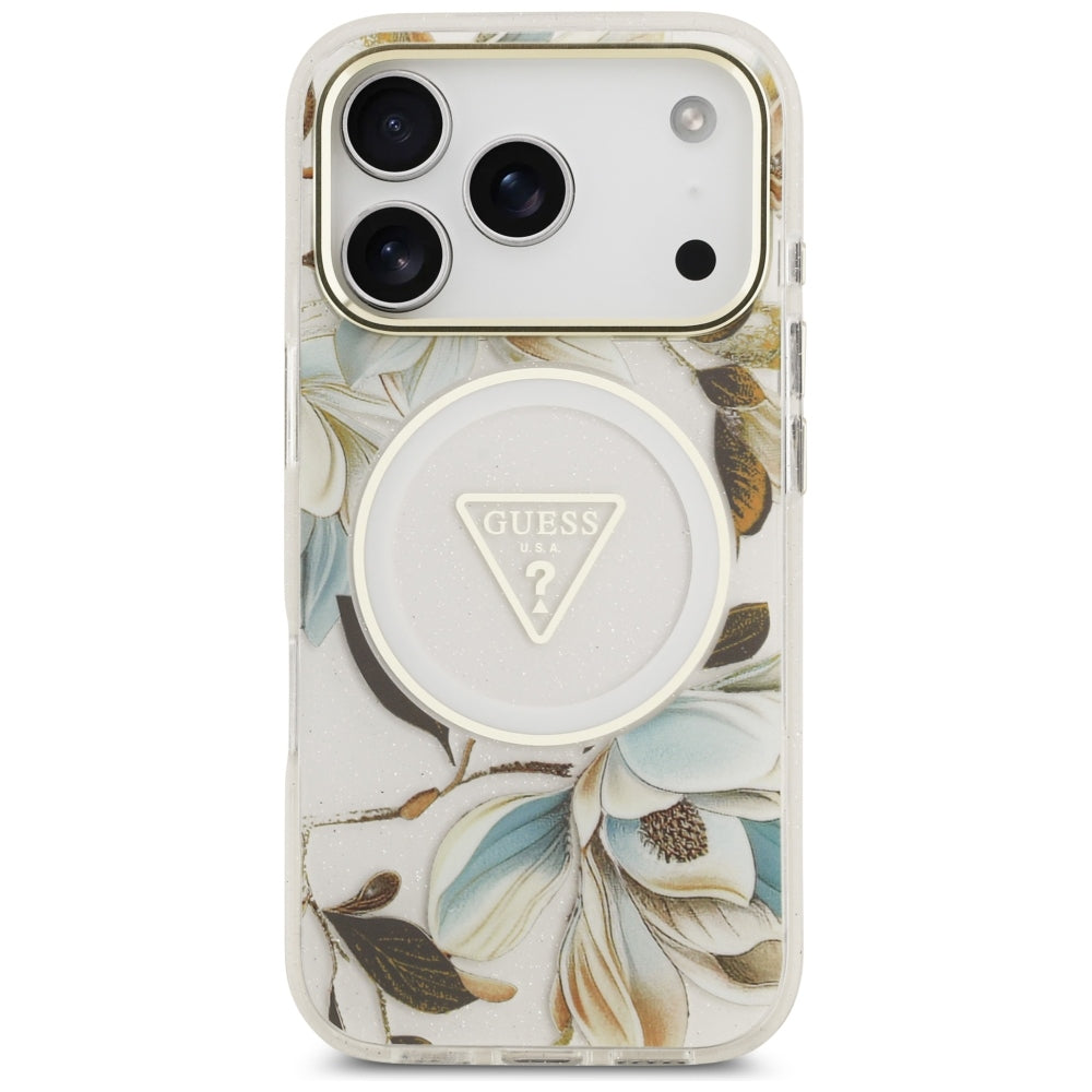 Guess iPhone 17 Pro/iPhone 18 Pro Skal Glitter Flowers Vit