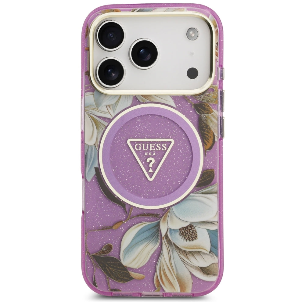 Guess iPhone 17 Pro/iPhone 18 Pro Skal Glitter Flowers Lila