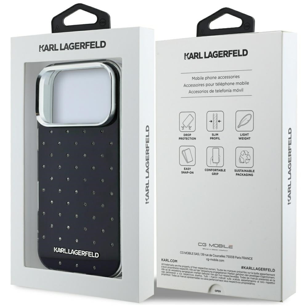Karl Lagerfeld iPhone 17 Pro/iPhone 18 Pro Skal Rhinestones Electroplated Logo Svart