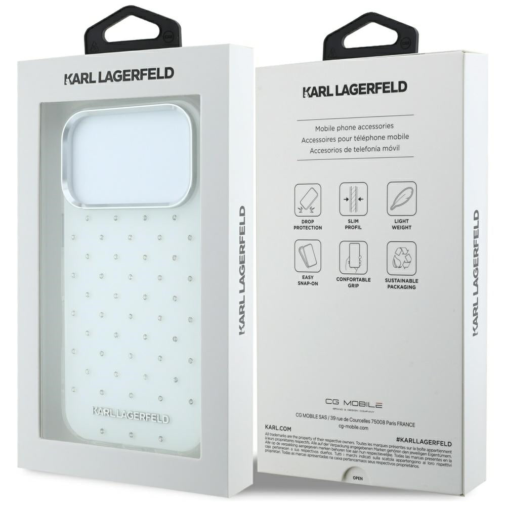 Karl Lagerfeld iPhone 17 Pro/iPhone 18 Pro Skal Rhinestones Electroplated Logo Vit