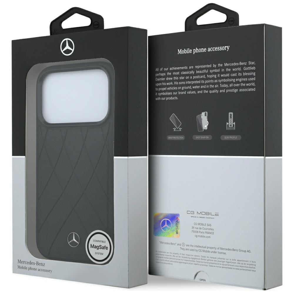 Mercedes Benz iPhone 17 Pro/iPhone 18 Pro Skal Leather Crossed Lines Svart