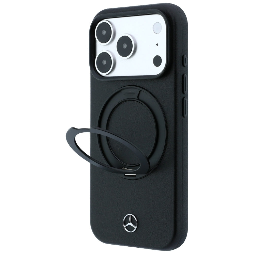 Mercedes Benz iPhone 17 Pro/iPhone 18 Pro Skal Leather Ring Stand Svart